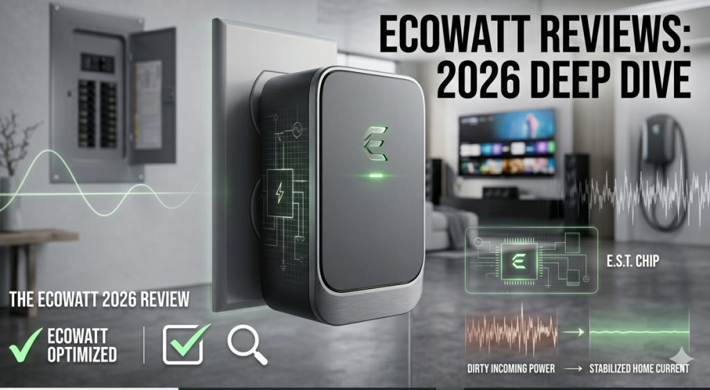 A sleek, grey and silver EcoWatt plug-in device with a glowing green 'E' logo and stylized internal circuit overlay, plugged into a standard wall outlet. The background features a blurred modern living room with a TV and an open breaker box with data-driven visualization graphics, illustrating stabilized home current.
