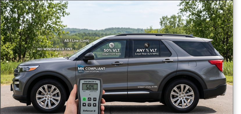A hand in the foreground holds a digital "Enforcer II" tint meter displaying a 50% VLT reading, pointed at a grey SUV outdoors. Infographic labels overlaid on the vehicle show distinct tint requirements: "NO WINDSHIELD TINT," "50% VLT" on the front side window, and "ANY % VLT" on the rear window for an MPV, alongside a "MN COMPLIANT" certification logo.