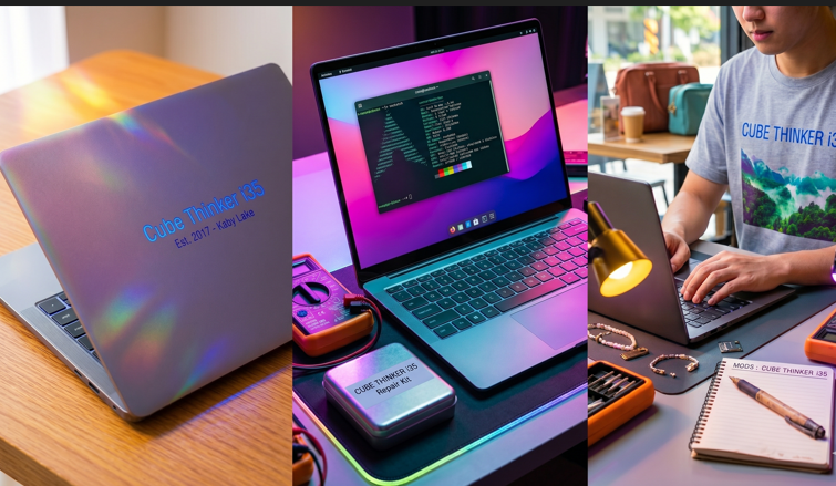 A triptych of images showcasing the Cube Thinker i35 laptop. Left: Silver laptop lid on wood, featuring etched blue text "Cube Thinker i35" and "Est. 2017 - Kaby Lake". Center: The laptop open, running Linux with colorful screen graphics and tools like a multimeter and a "Cube Thinker i35 Repair Kit" tin. Right: A person wearing a shirt with "Cube Thinker i35" and a nature graphic, working on the laptop next to modding tools and a notebook titled "MODS: Cube Thinker i35".