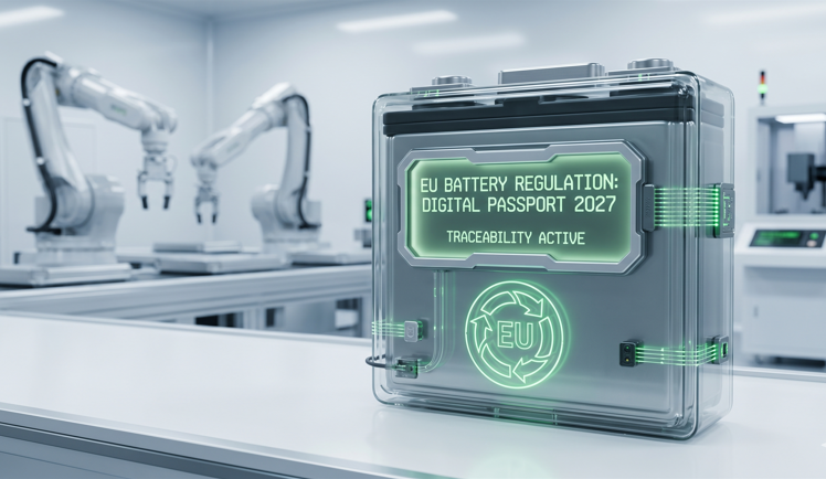 A close-up, futuristic photograph of a large, complex industrial battery pack. The casing has an embedded digital screen displaying a QR code and the text 'EU Battery Regulation 2027: Digital Passport Active.' The EU flag and a recycling symbol are also prominently visible. The battery is set in a modern, automated manufacturing background.
