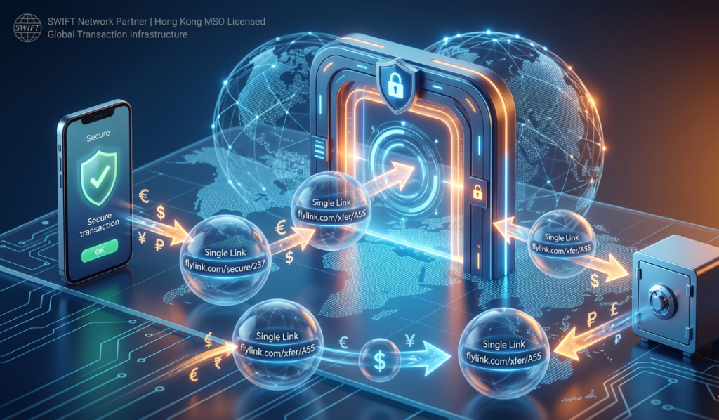 Here is the featured image for your article on Flylinking.This visual perfectly captures the essence of the "single link" transaction model. It features a secure digital gateway connecting a mobile device to a global network. By utilizing floating spheres containing encrypted URLs