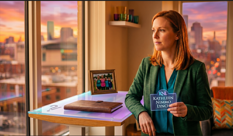 A professional woman in a modern, high-tech sports executive office stands looking thoughtfully out a window toward a city skyline. She is surrounded by digital displays showing logistics, travel schedules, and organizational charts, representing the complex role of a team service manager.